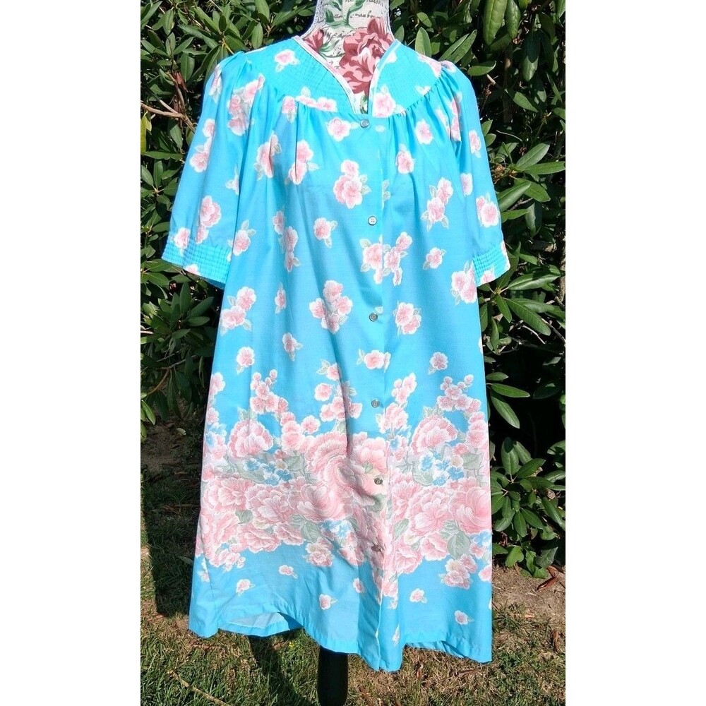 Beverley West Women Med Blue House Dress Front Button Up Snap Vintage 80s Floral